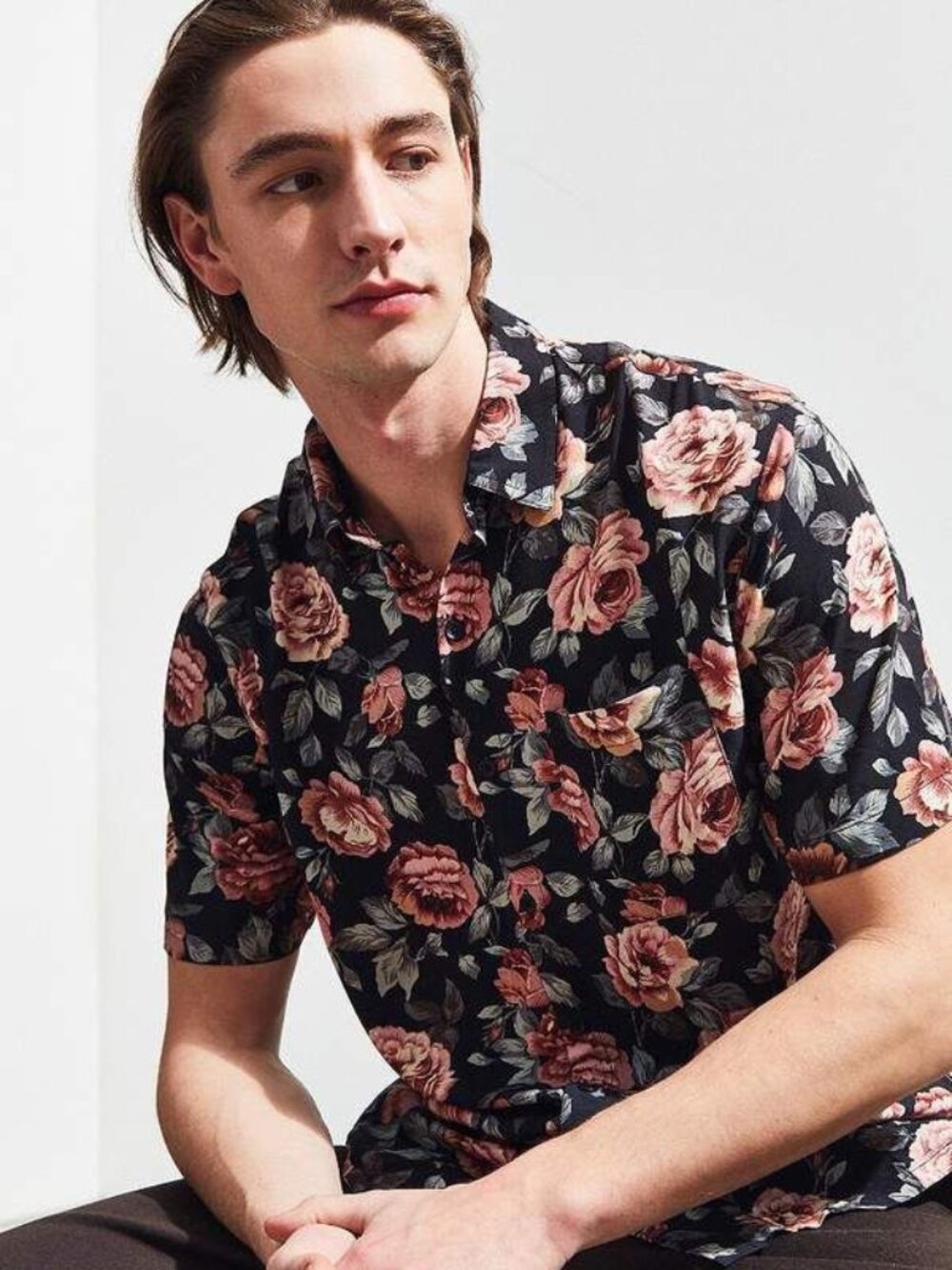 UO wandering rose floral rayon short-sleeve shirt
